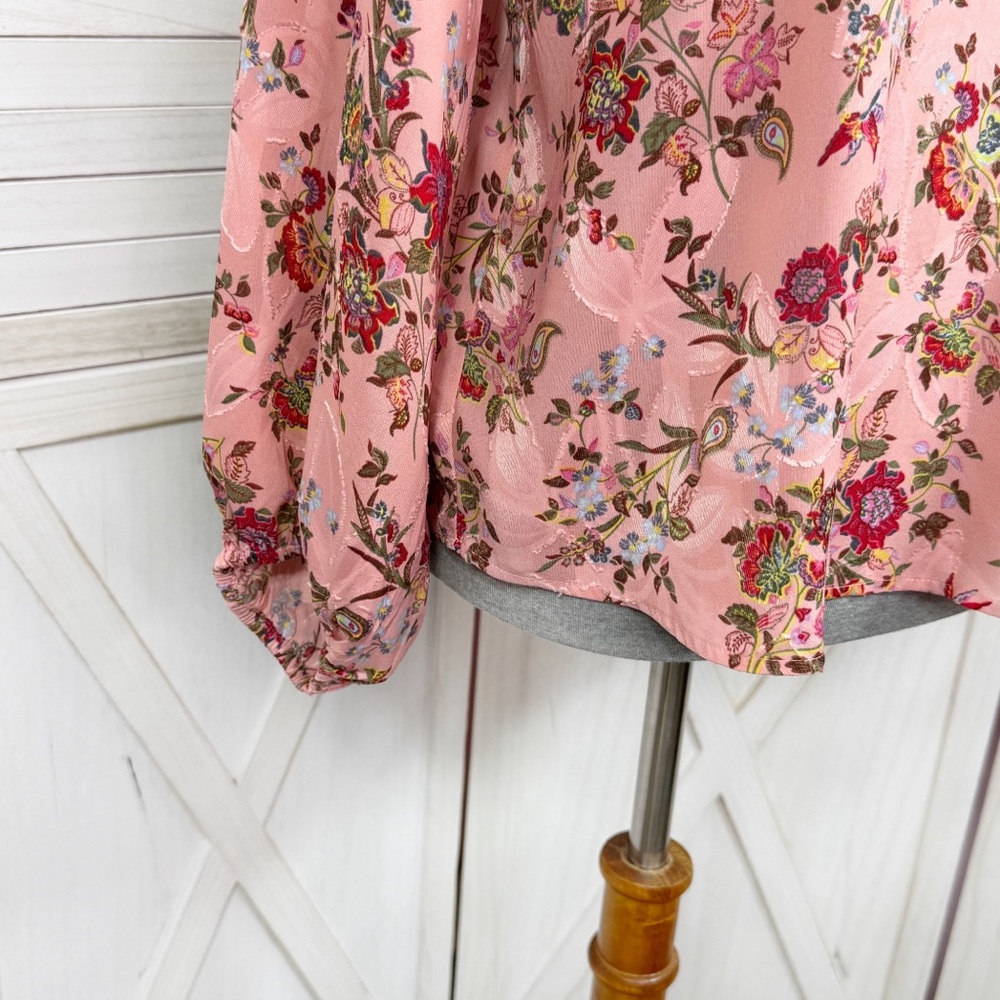 Loft Floral Jacquard Ballon Sleeve Blouse Pink Satin Boho Career Cottagecore S - Picture 7 of 13